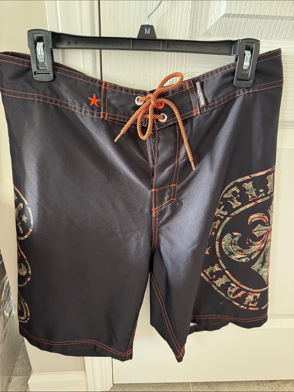 Affliction Black Board Shorts with Orange Accents